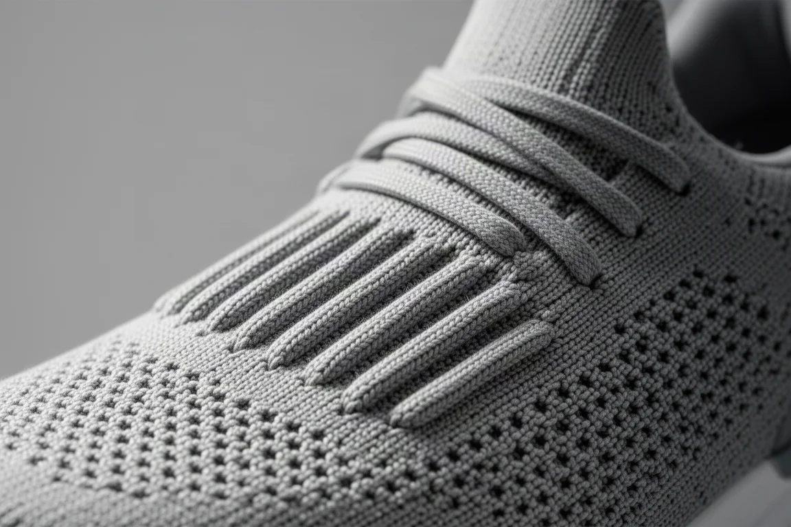 Close-up of a knitted running shoe upper showing woven texture