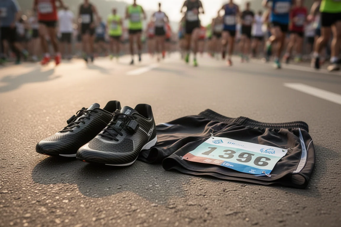 Row of racing shoes lined up on a locker room bench