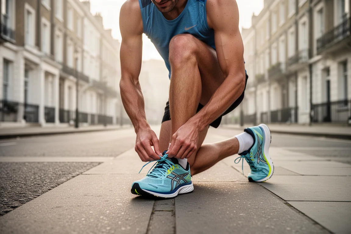 Un coureur lacent ses chaussures de course légères dans une rue londonienne à l'aube