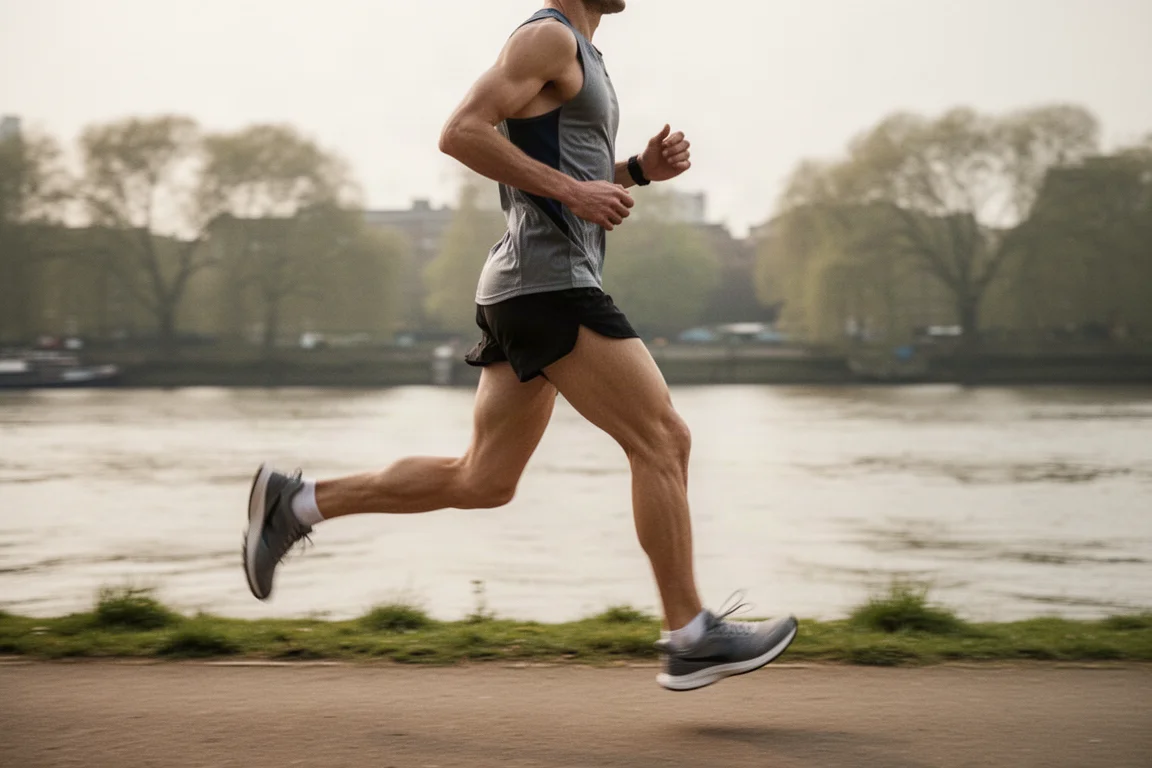 Un coureur avance le long d'un chemin au bord de la rivière à une allure marathon régulière