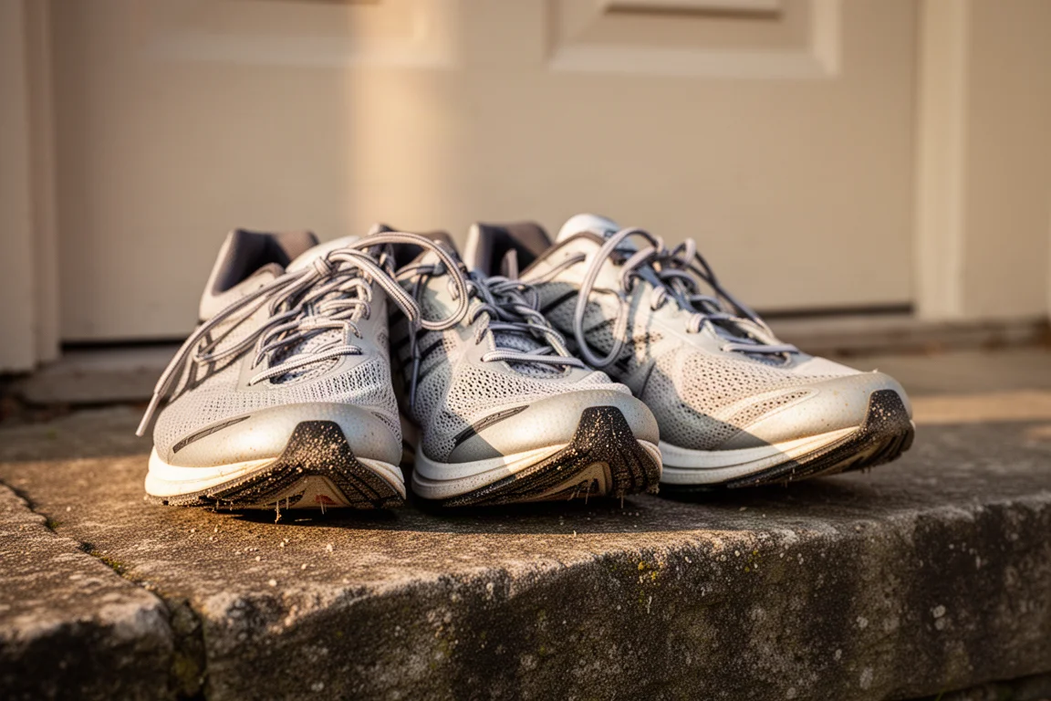 Des chaussures de running posées sur un seuil de porte le matin après une longue sortie