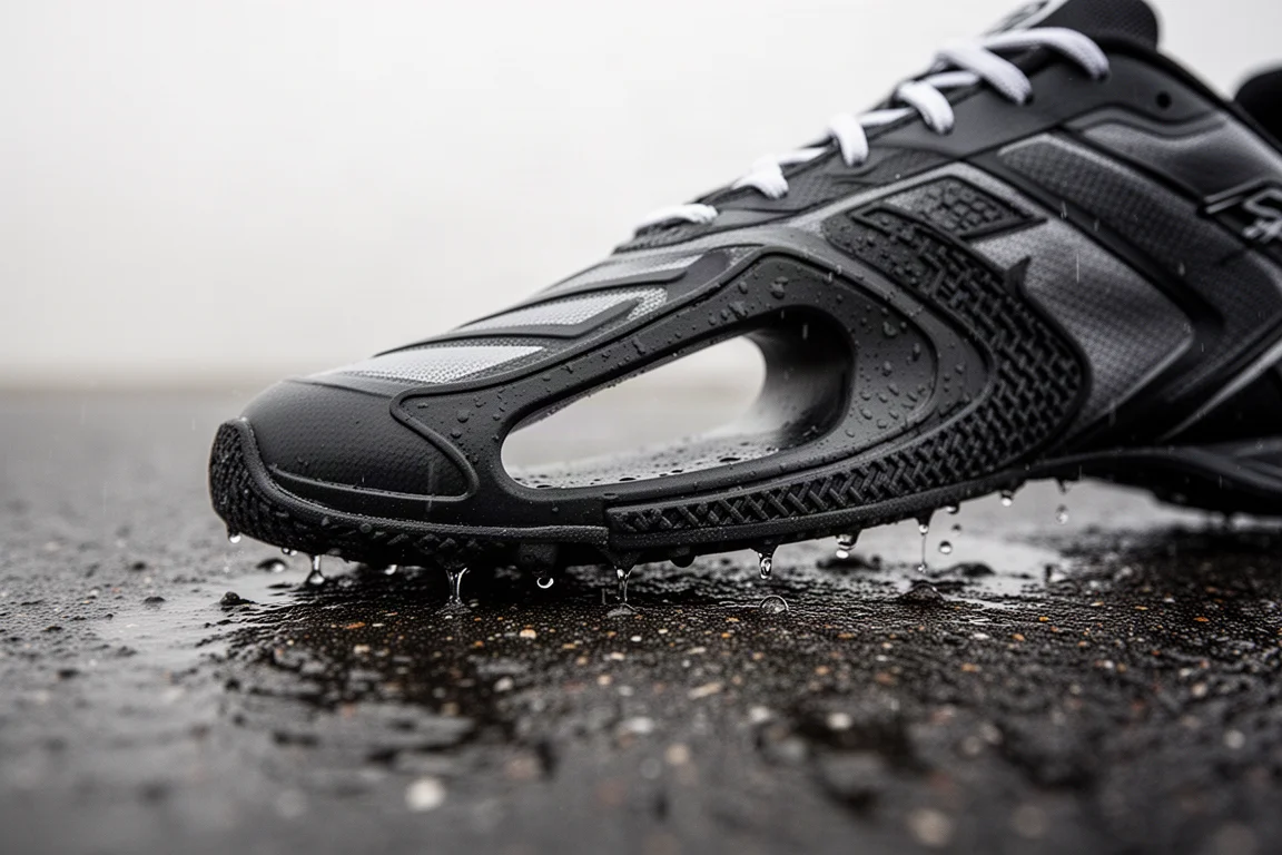 Corredor compitiendo un 5K en un sendero de parque con una zapatilla de competición de carbono