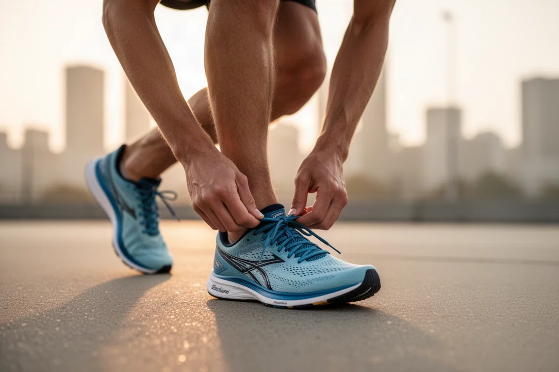 Runner lacing up a lightweight road racing shoe on city pavement at dawn