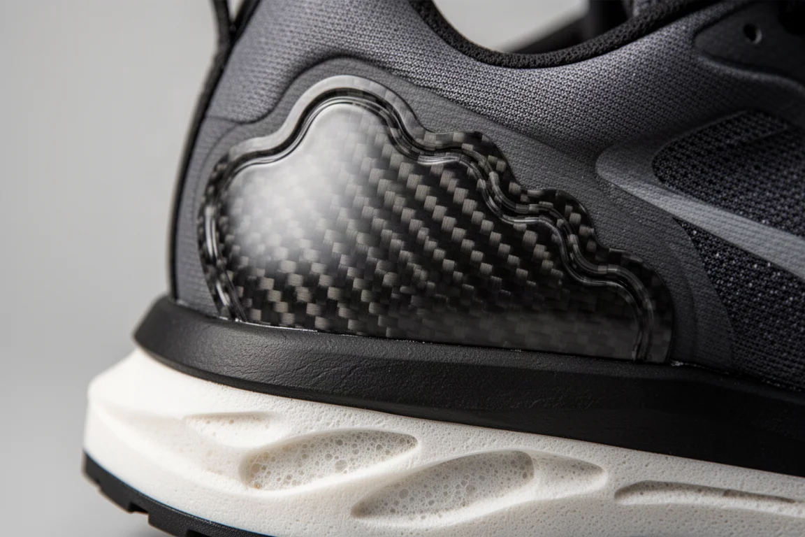 Close-up of a sculpted carbon plate and layered racing midsole