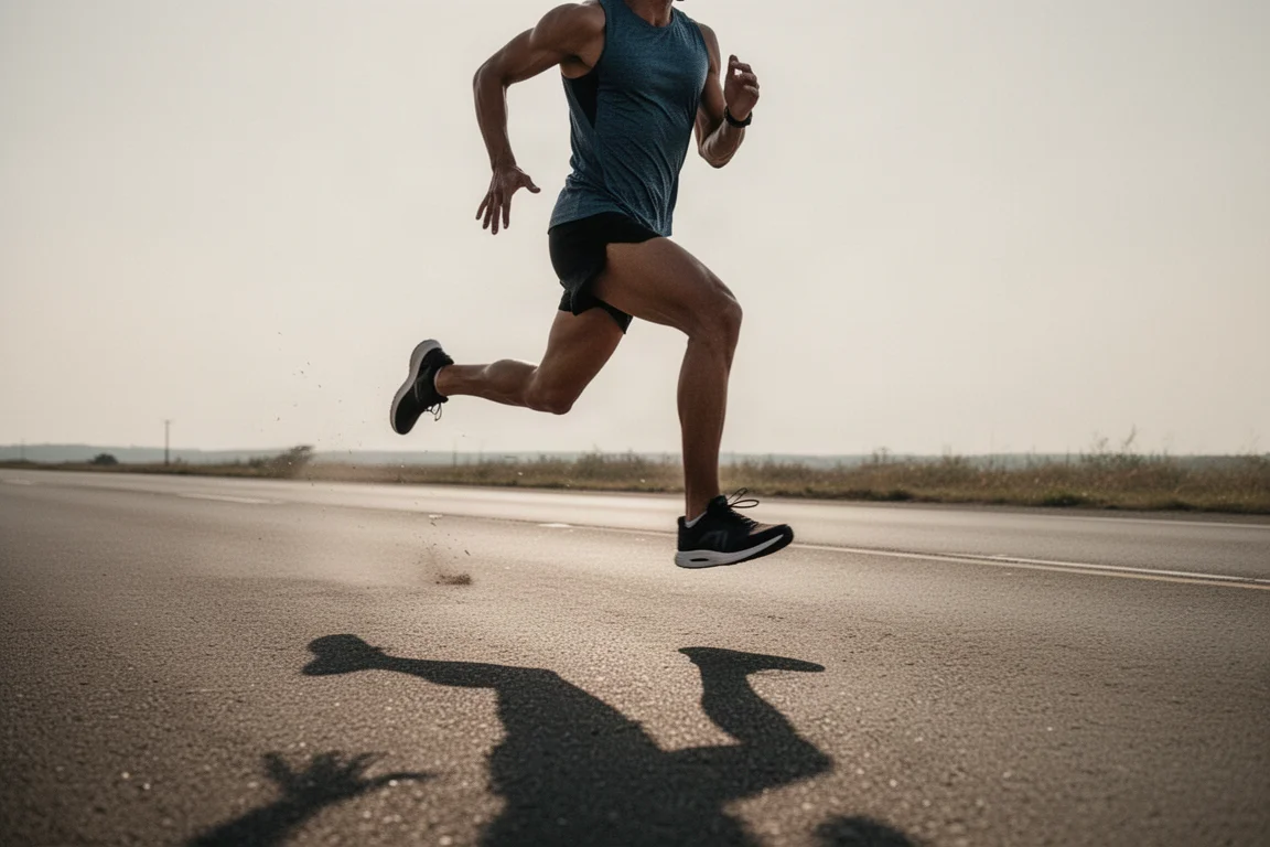 Runner accelerating through a tempo interval on an empty road