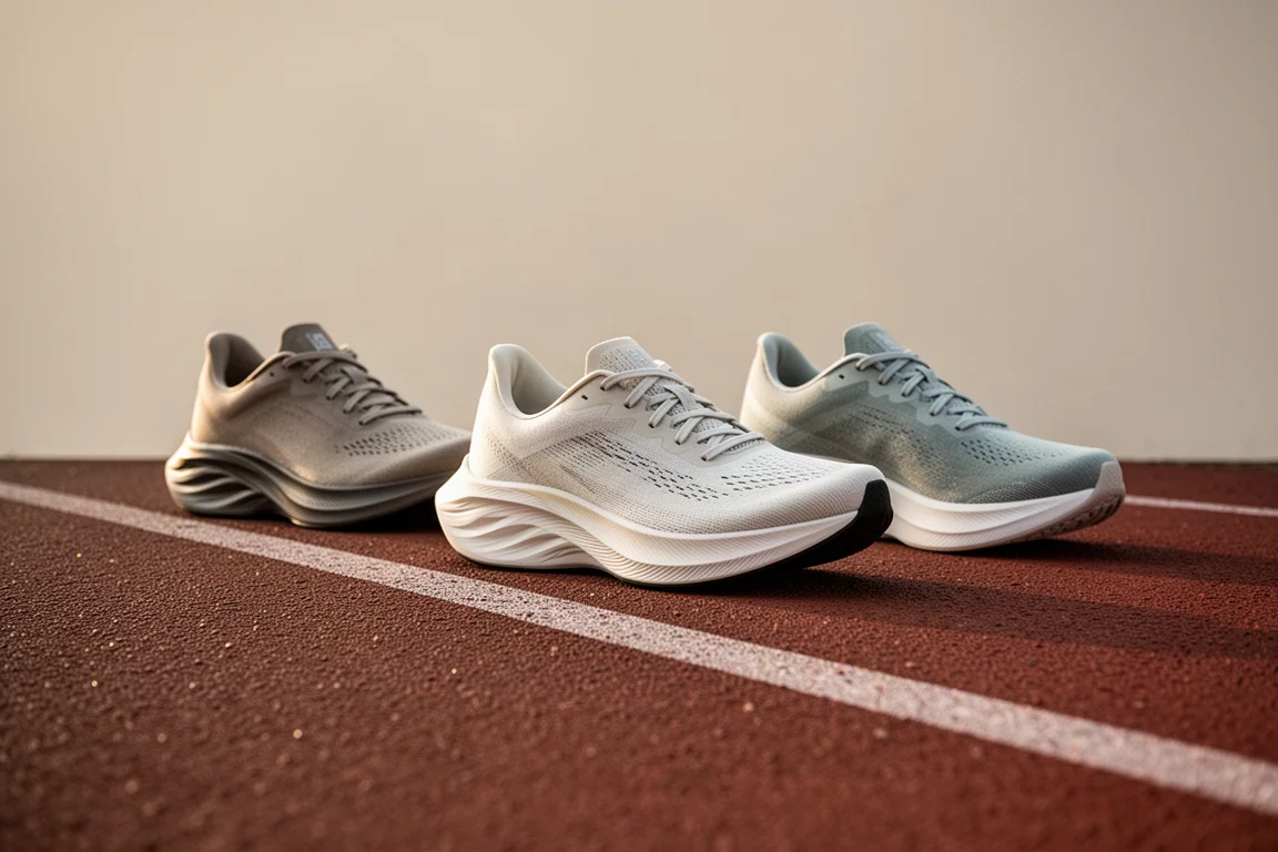 Three racing shoes arranged in a row on a running track edge