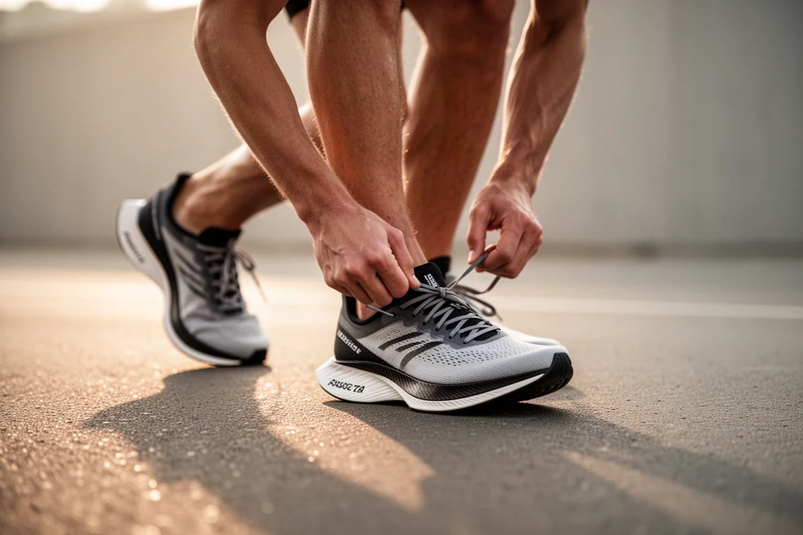 Runner lacing up a carbon race shoe on a city street at sunrise