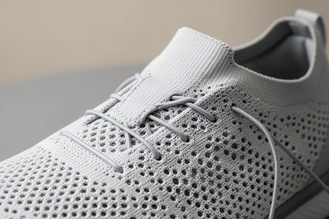 Detail view of a knit racing shoe upper and flat laces