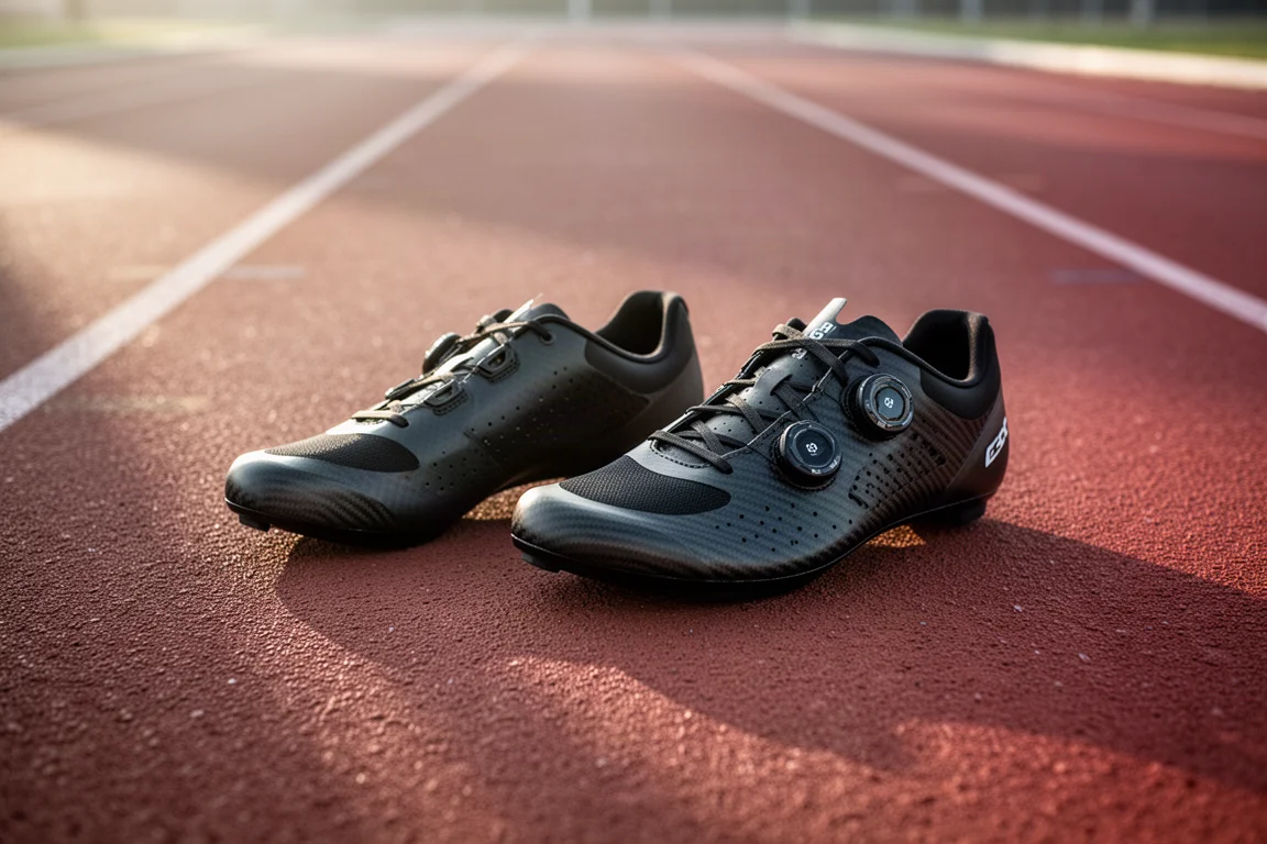 Dwa buty z płytką węglową ustawione obok siebie na biežni