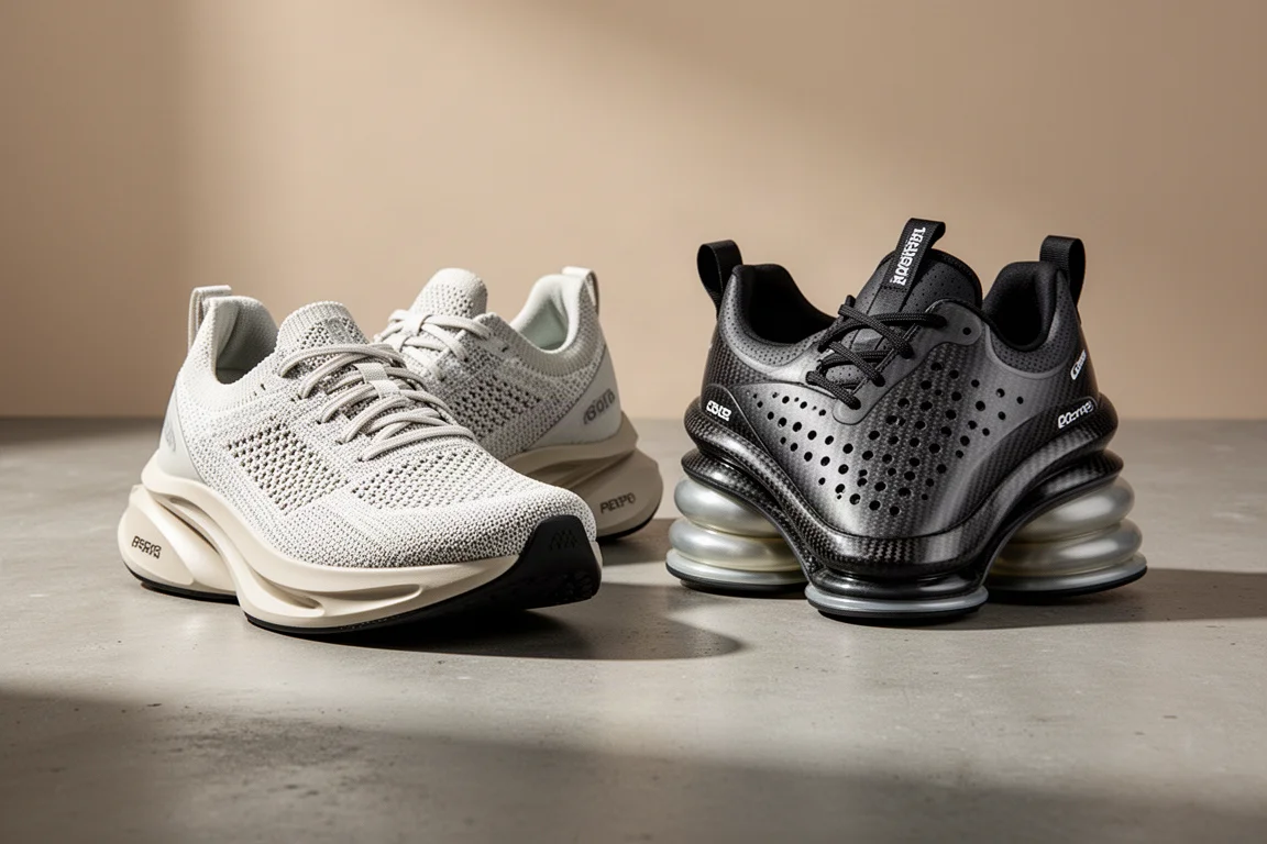 Two carbon plate racing shoes side by side on a concrete surface