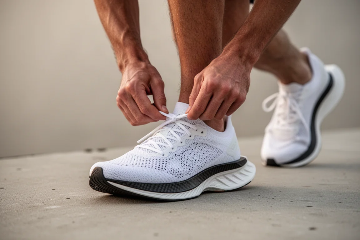 Läufer schnürt vor einer schnellen Trainingseinheit einen leichten Carbon-Rennschuh mit Platte