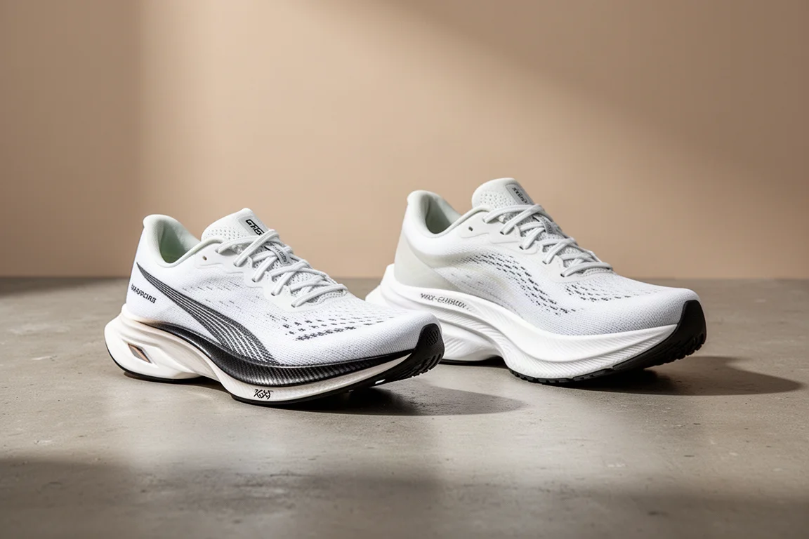 A sleek carbon-plated race shoe and a chunky max-cushion trainer side by side on concrete