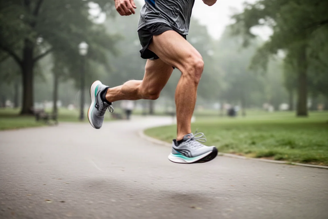 Hardloper in volle vaart op een verhard parkpad tijdens een fartlektraining