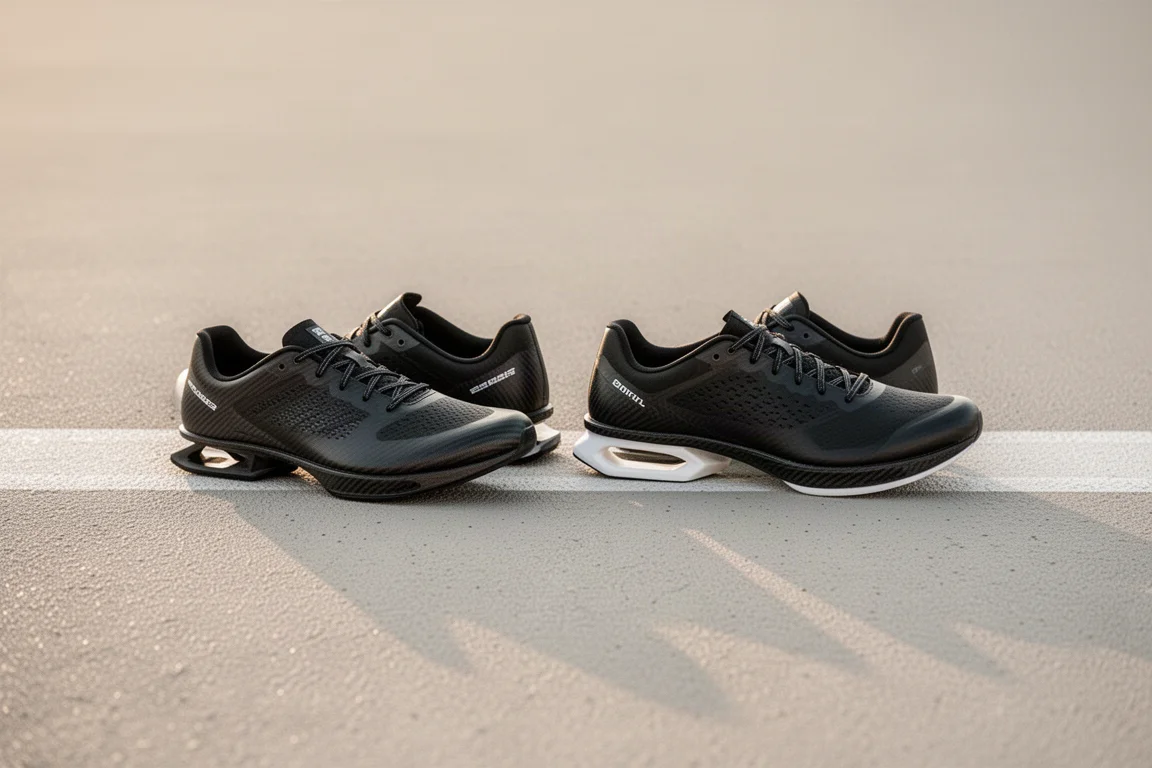 Vergelijkingsbeeld van twee raceschoenen naast elkaar aan de rand van een atletiekbaan