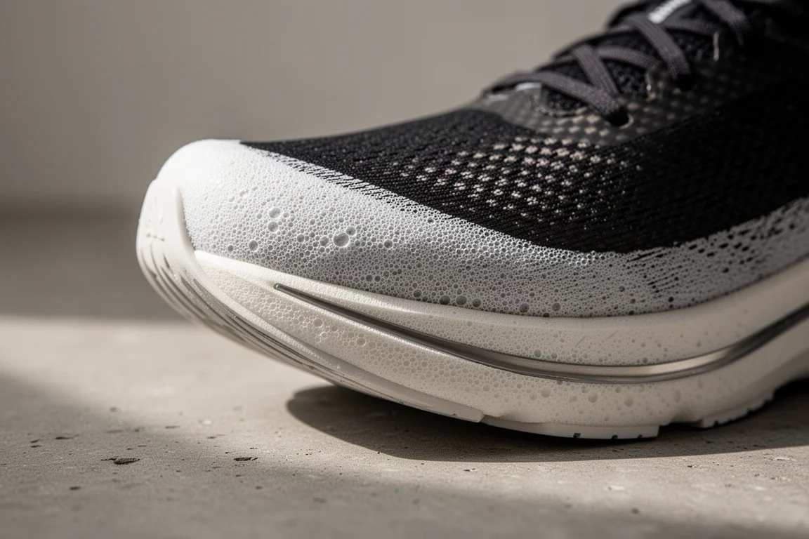 Nahaufnahme der Mittelsohle und der Carbon-Platte im Vorfußbereich eines Racing-Schuhes