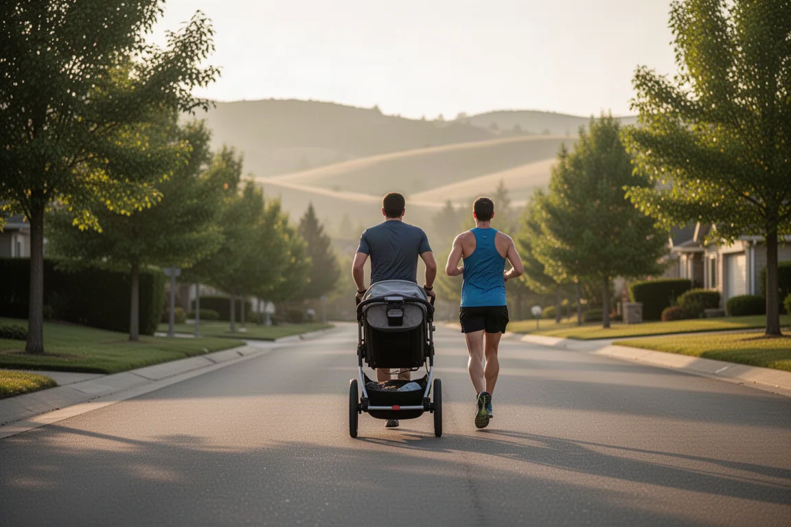 Läufer schiebt einen Kinderwagen über eine Vorstadtsstraße
