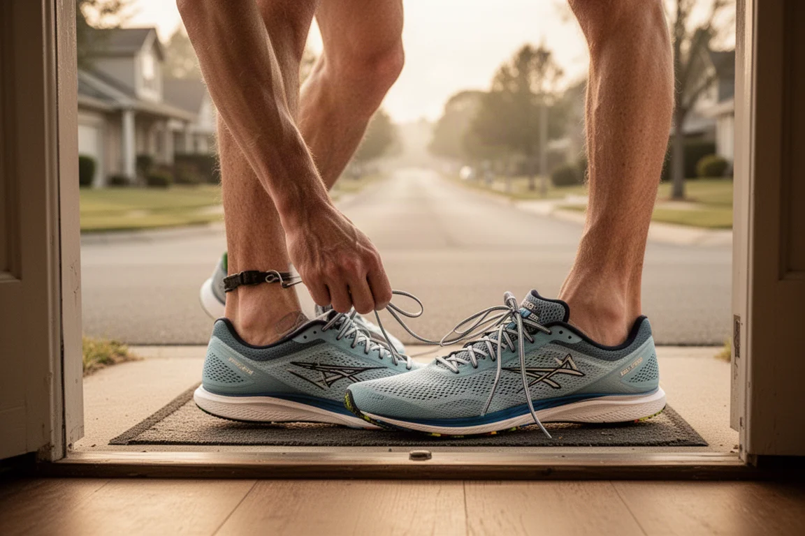 Primer plano de la mediana de una zapatilla de competición flexionando en un camino pavimentado con curvas