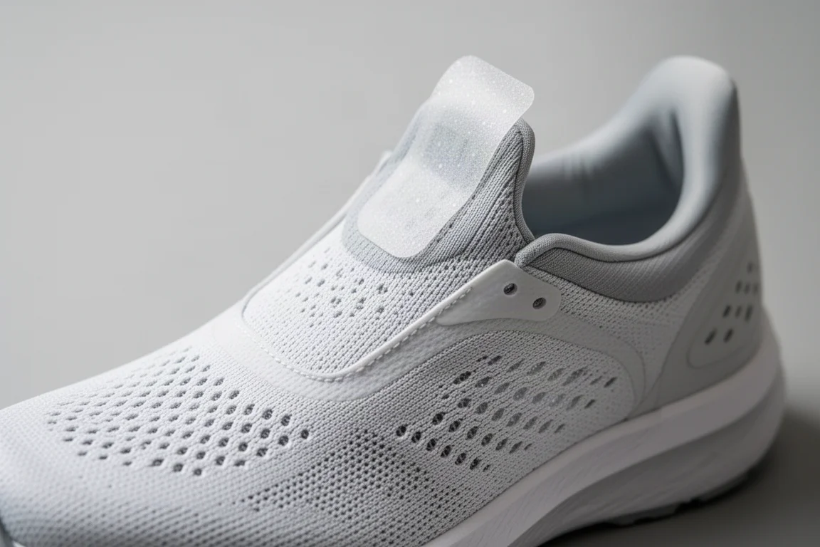 Nahaufnahme eines leichten, perforierten Laufschuh-Oberschuhs mit Grip-Tape im Fersenbereich