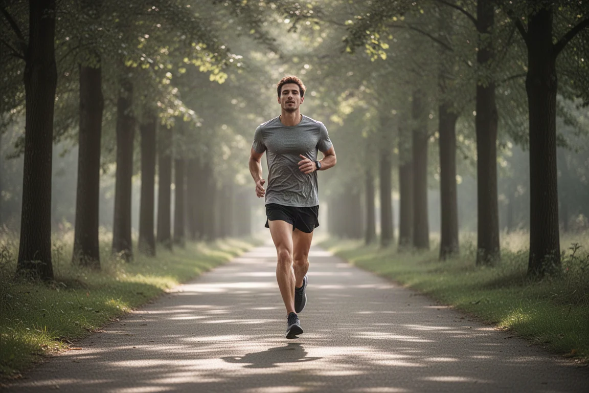 Läufer lockert nach langer Einheit mit ruhigem Cool-Down-Jog auf einem stillen Weg