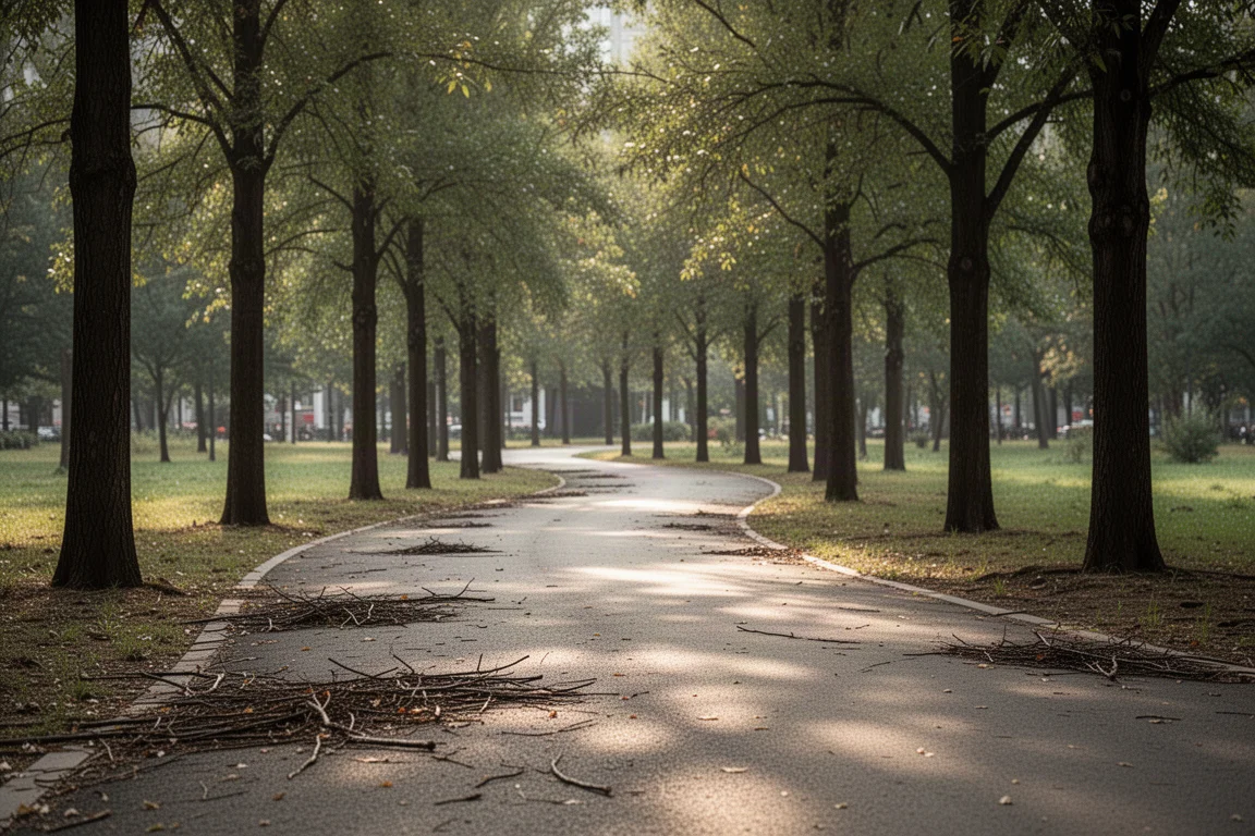 Slingerend parkpad met bomen, oneffen ondergrond en verspreide takjes