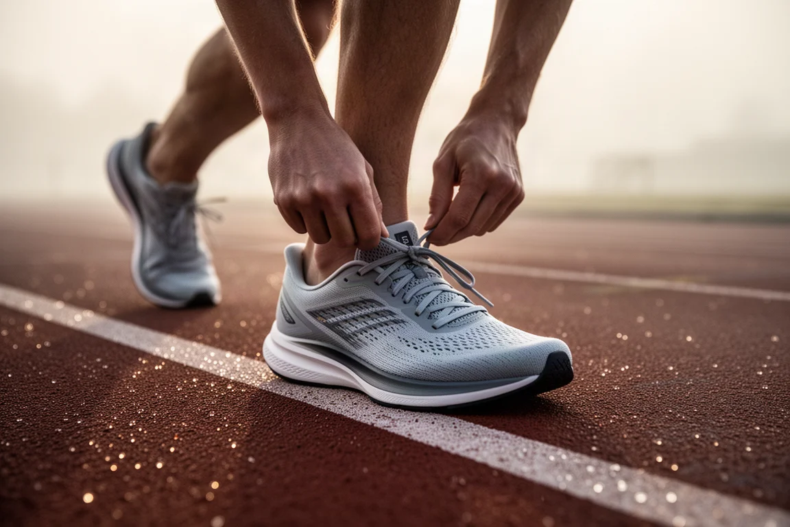 Corredor atándose los cordones de una zapatilla de running ligera en una pista