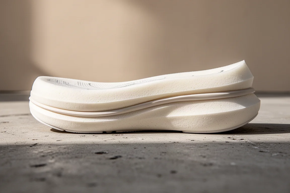 Primer plano de la mediasuela de una zapatilla con espuma amortiguada y detalle del riel guía