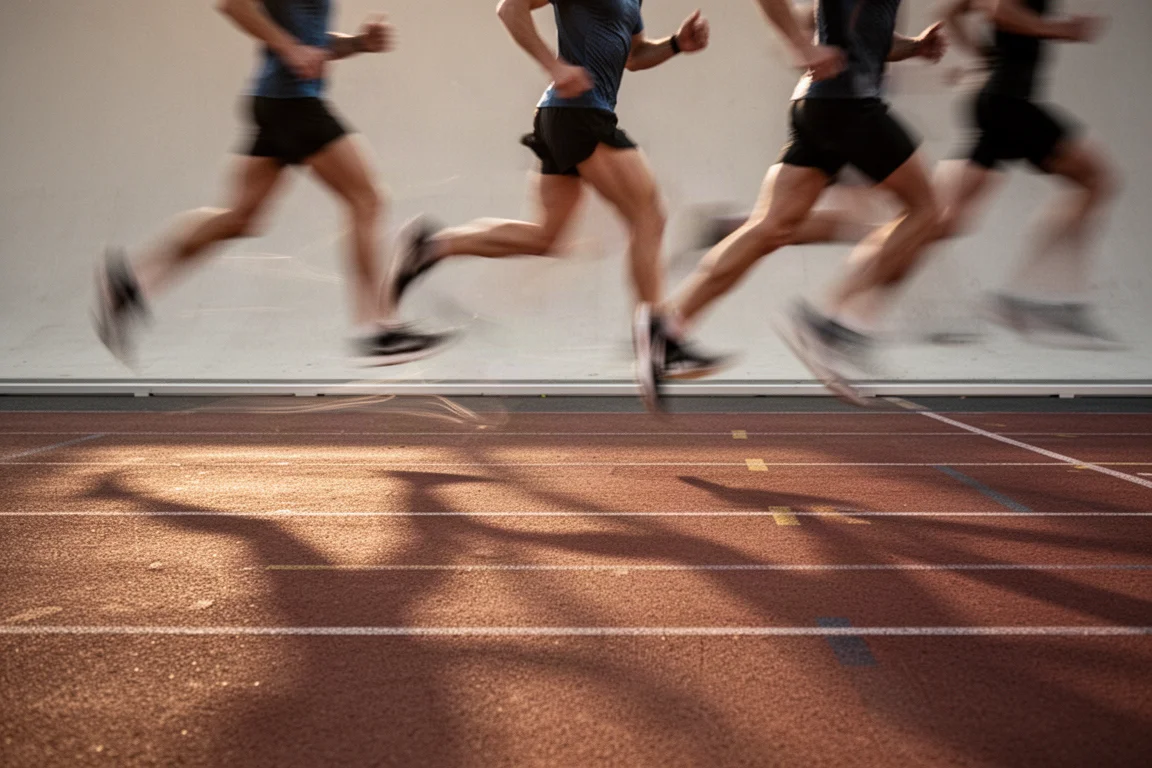 Atletas corriendo series de tempo en una pista de atletismo