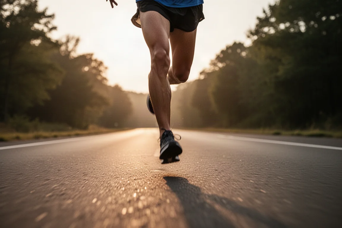 Runner transitioning from warm-up to fast tempo pace on an empty road