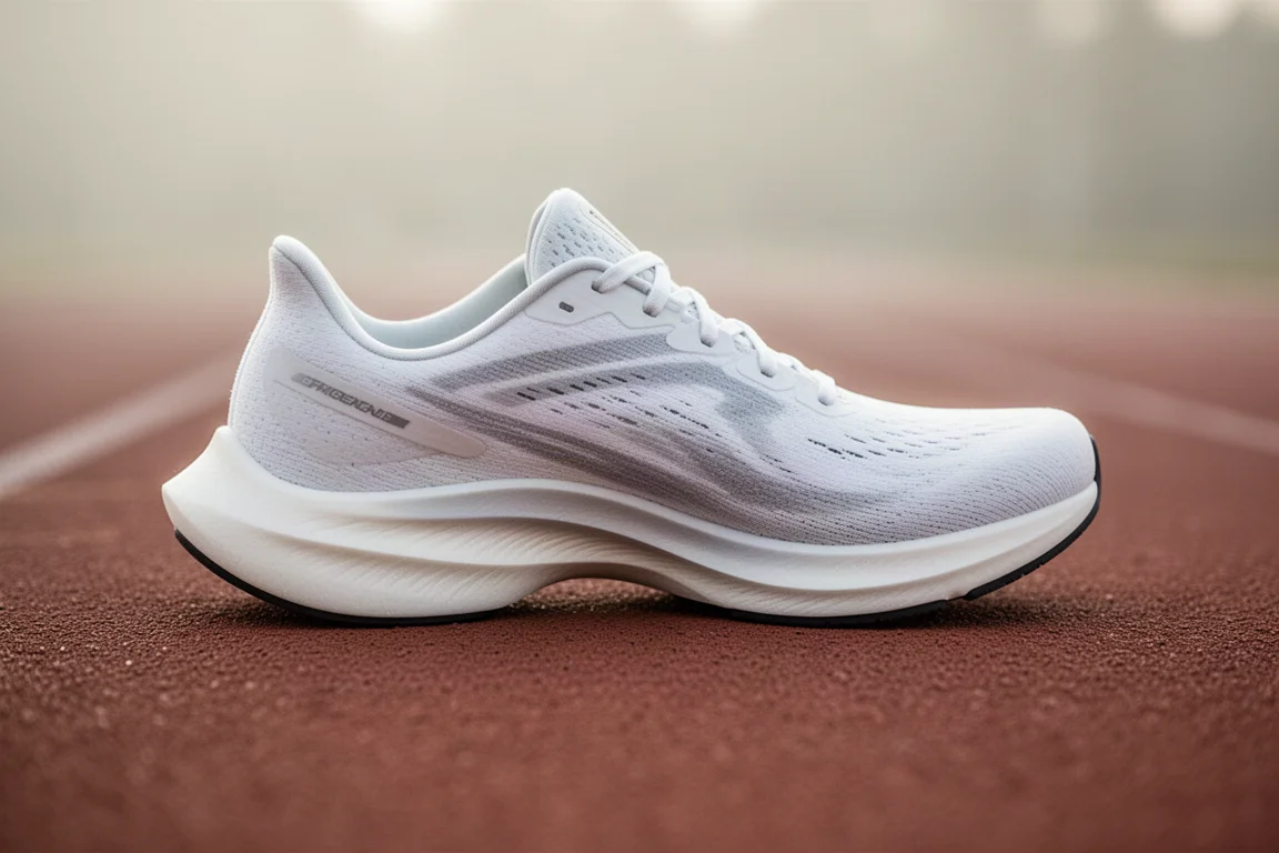 Close-up of a flexible non-plated running shoe midsole bending on a track