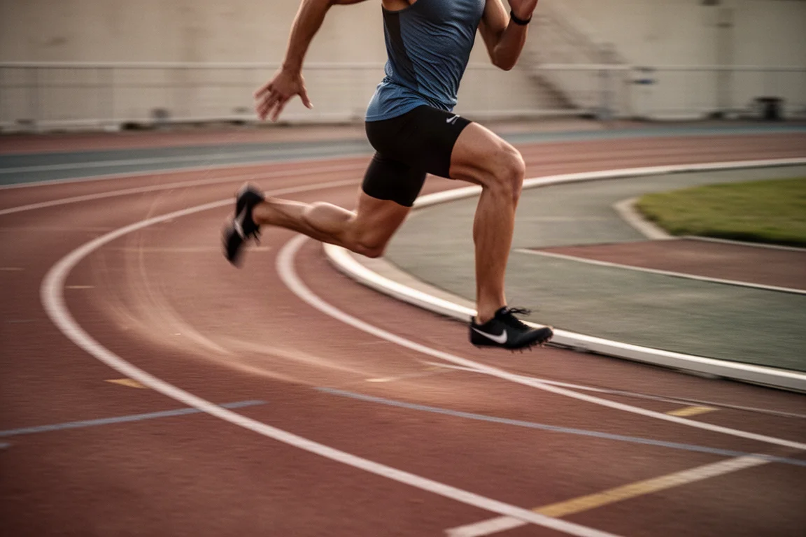 Track athlete sprinting around the curve of an outdoor running track