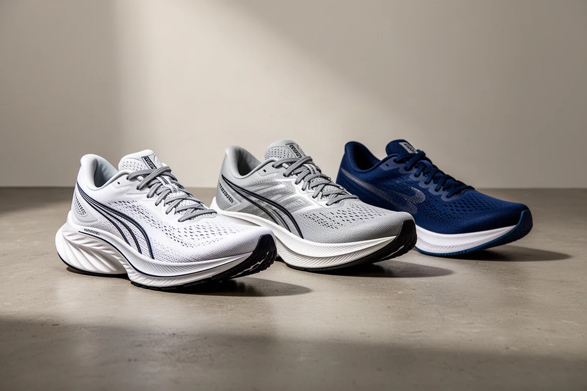 Three Brooks Hyperion running shoes arranged on a concrete surface