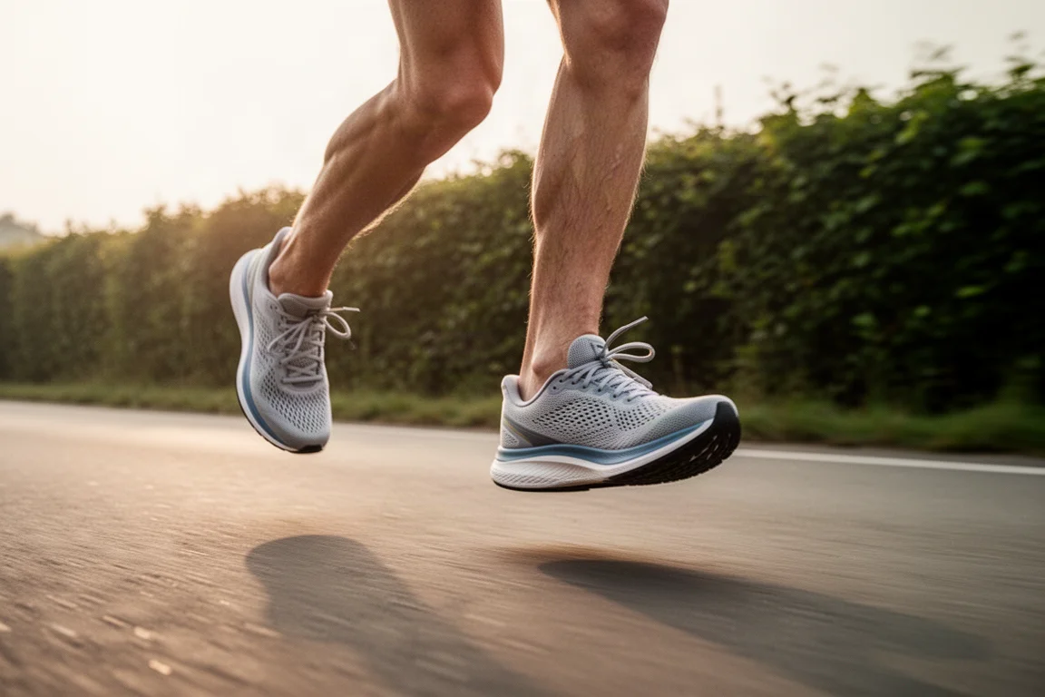 Läuferfüße in Bewegung auf einer asphaltierten Straße bei einem gleichmäßigen Morgenlauf