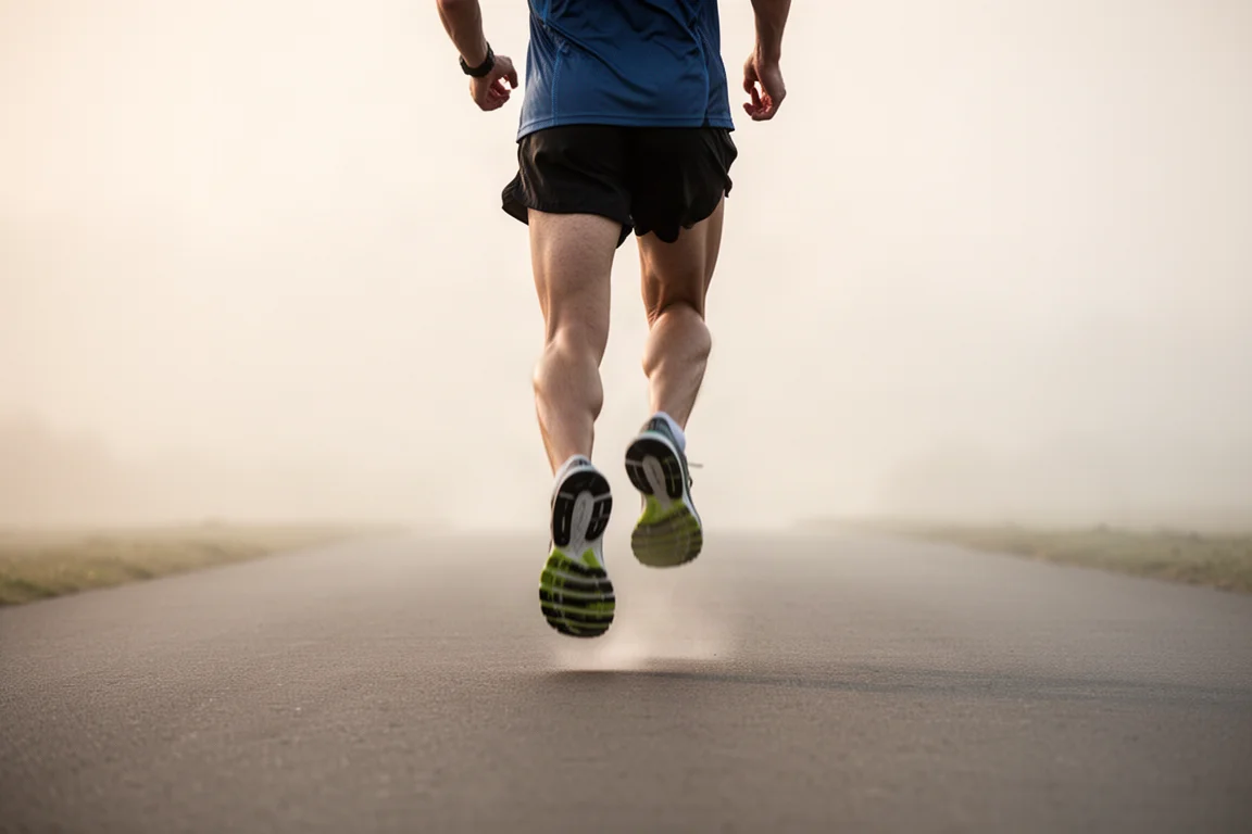 Runner logging long miles on an open paved path in soft daylight
