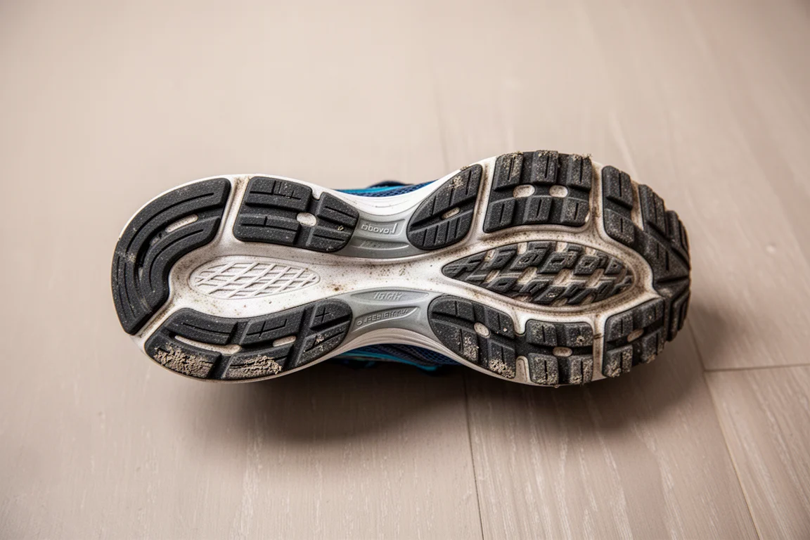 Running shoe outsole showing visible wear after 100 miles of use