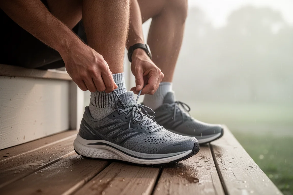 Läufer schnürt vor einem heißen Sommerlauf einen Laufschuh mit hoher Sohle