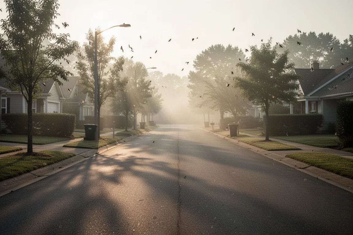 Ruhige Vorortsstraße in der Morgendämmerung mit langen, weichen Schatten