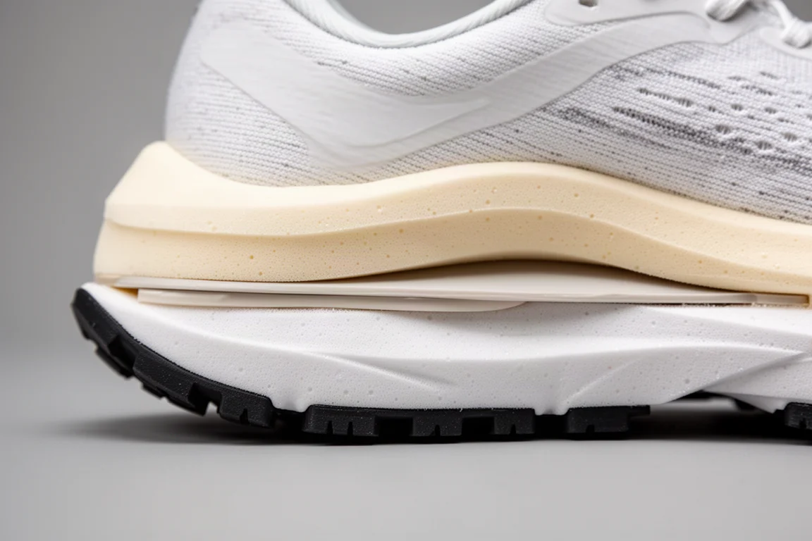 Primer plano de la mediasuela multicapa de una zapatilla mostrando la estructura de espuma y placa