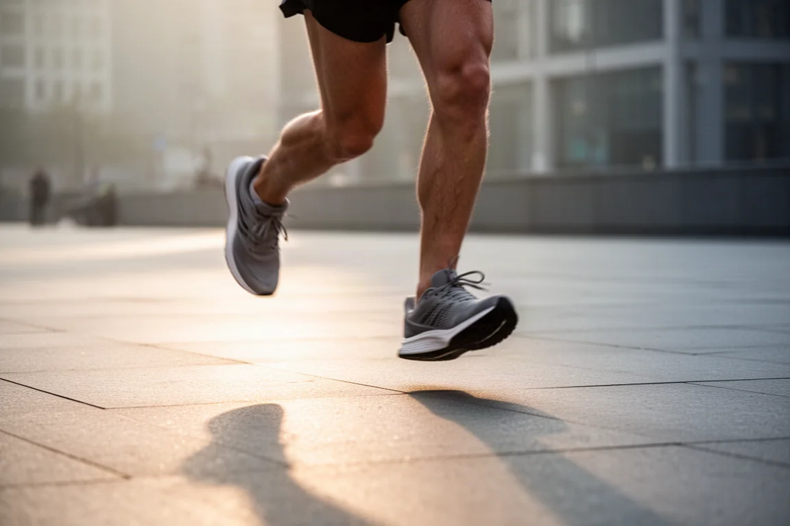 Hardloper aan het strikken van een hoog gecushte trainingsschoen op een stoeprand in de stad, vóór een hardlooprondje