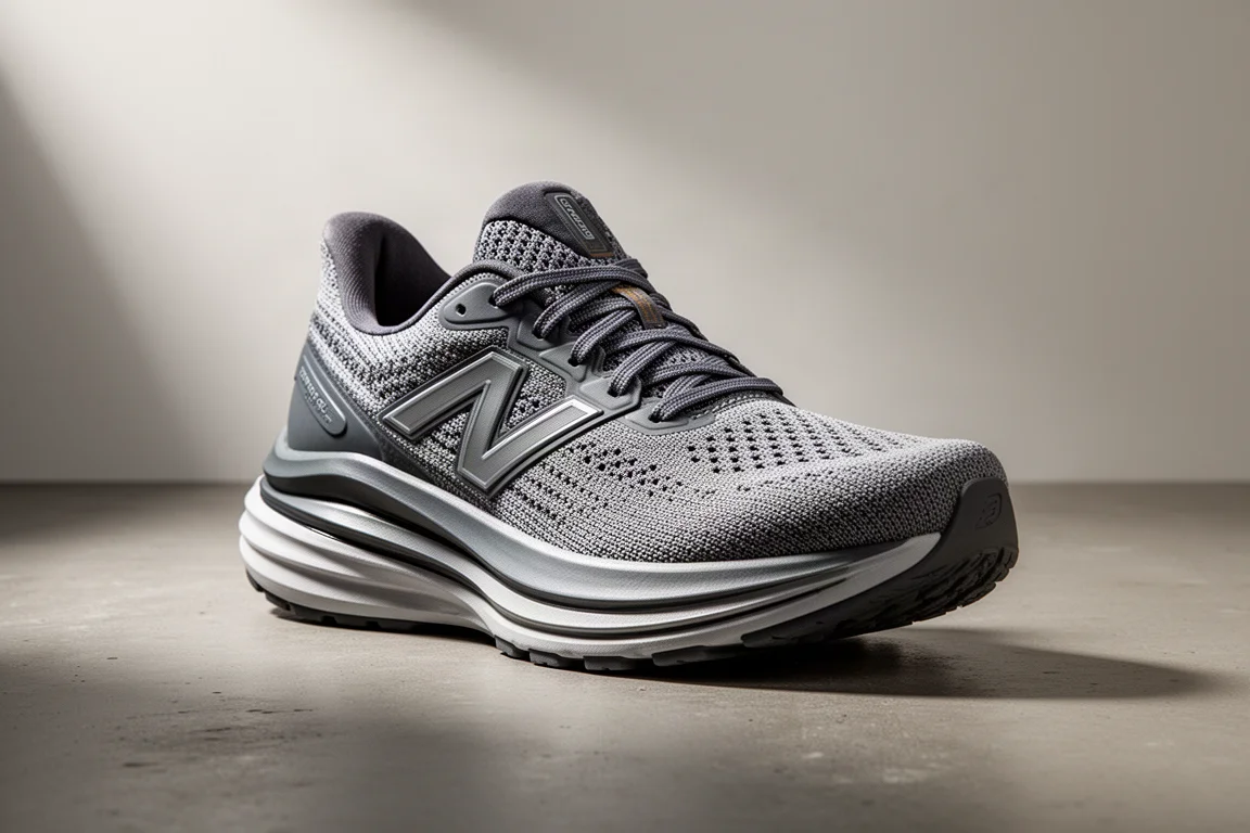 Tall-cushioned running shoe with layered midsole on a concrete surface
