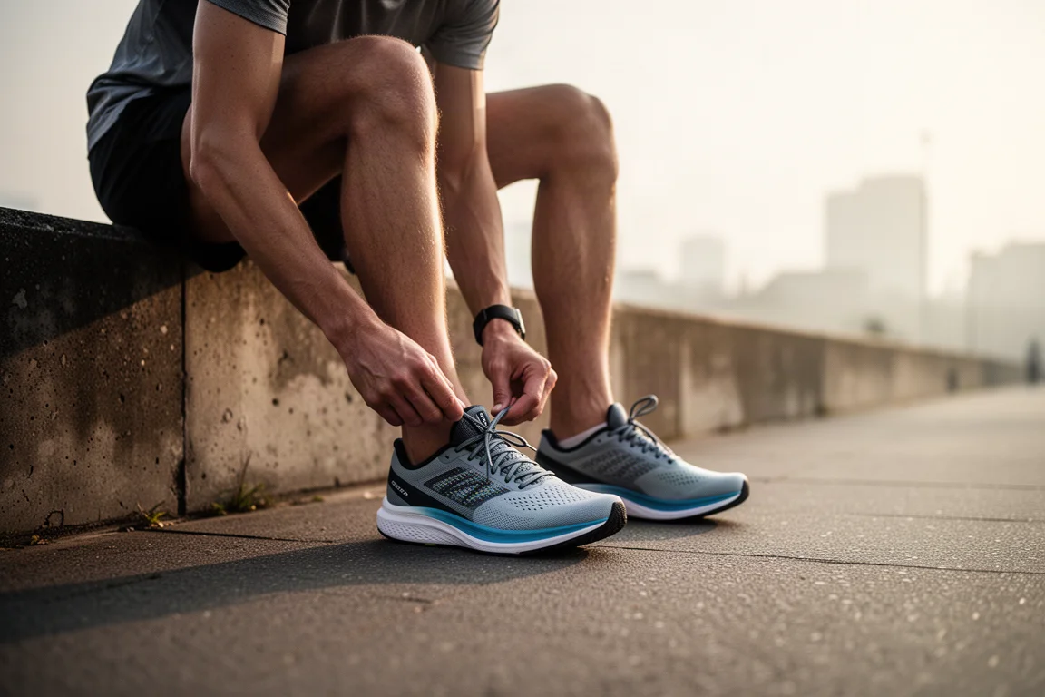 Runner lacing up lightweight running shoes on an urban pavement
