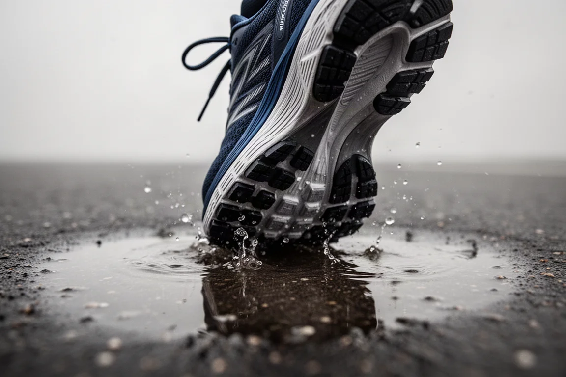 Running shoe outsole gripping wet tarmac on a puddle-splattered road