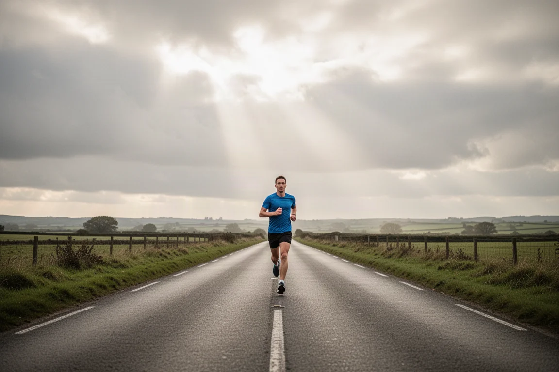 Runner training at varied paces on an open road under changing skies