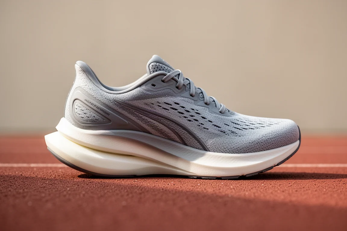 Cushioned running shoe midsole compressing on a smooth track surface
