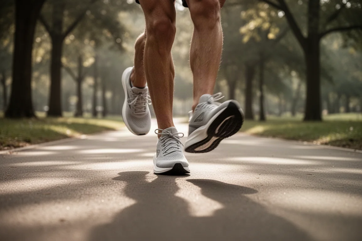Voeten van een hardloper middenin een pas op een parkpad