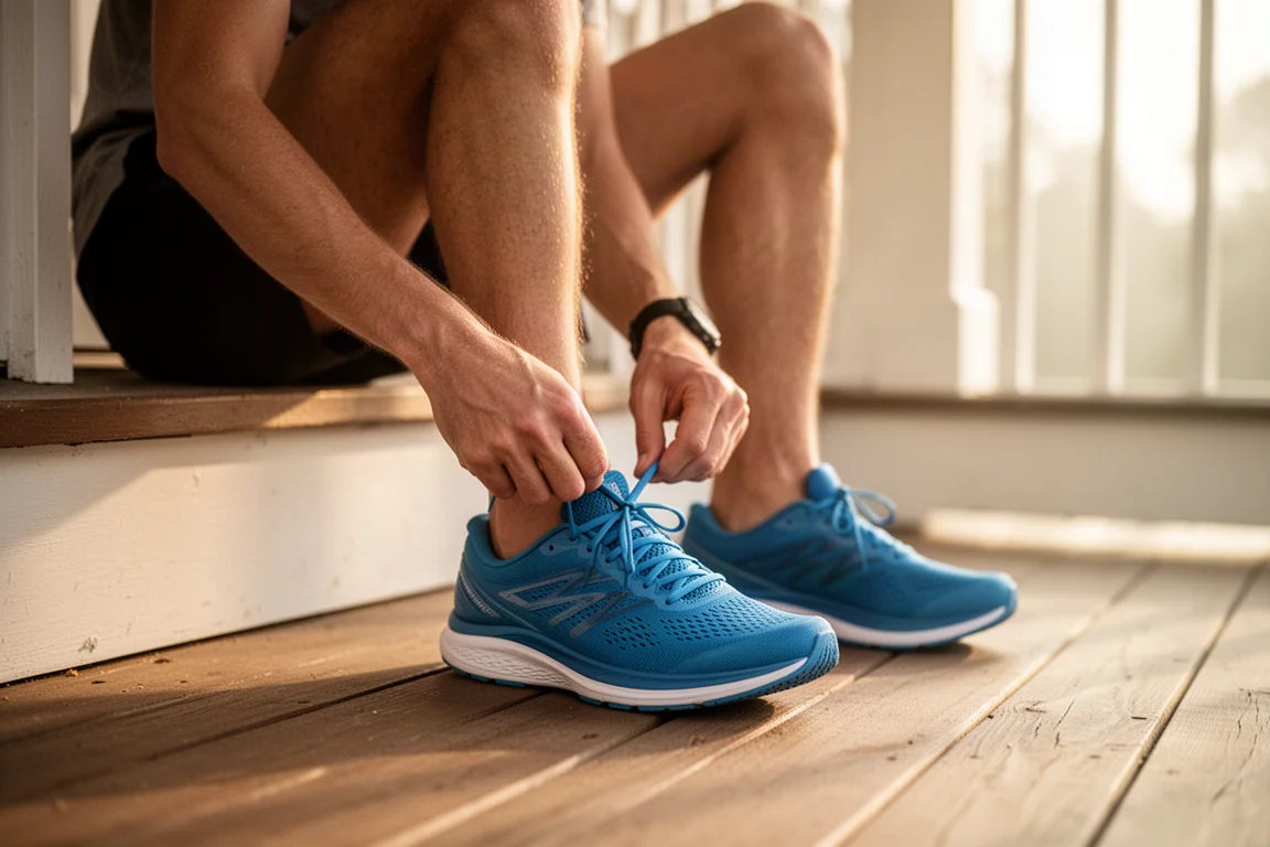 Corredor atándose una zapatilla de running azul de perfil bajo en el peldaño de un porche con luz matinal