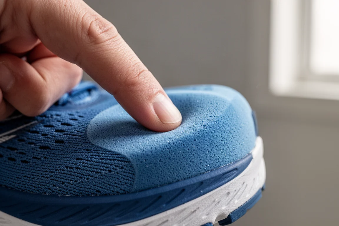 Primer plano de la mediasuela firme de una zapatilla de running siendo presionada con un pulgar para mostrar la compresión