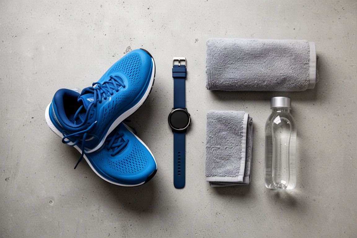 Composición en plano de un equipamiento sencillo de running con zapatilla, reloj y botella de agua sobre hormigón