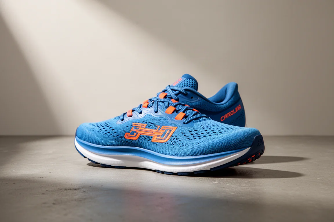 Zapatilla de running Brooks Launch 11 en azul y naranja sobre una superficie de hormigón