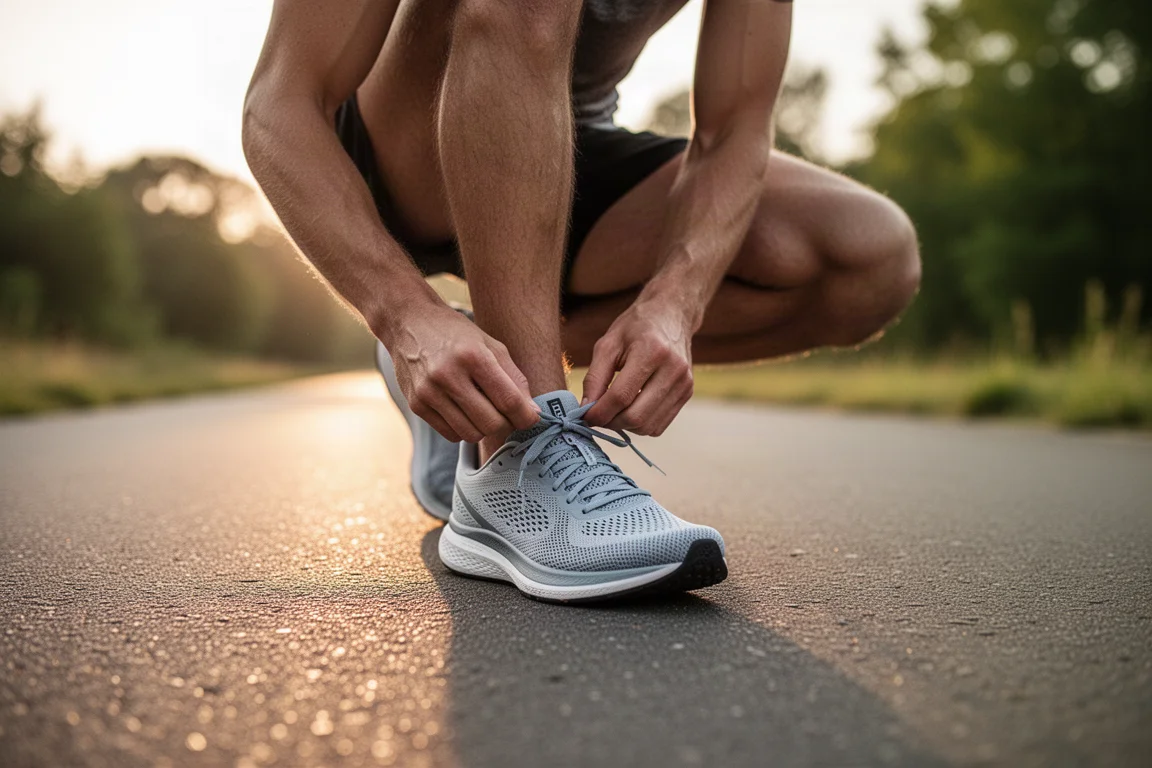 Runner lacing up a lightweight running shoe on a sunlit urban sidewalk