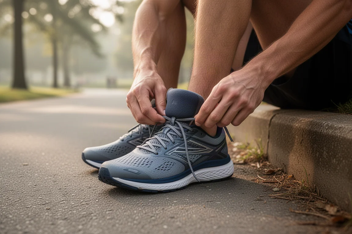 Runner tying the laces of a running shoe on a paved roadside path